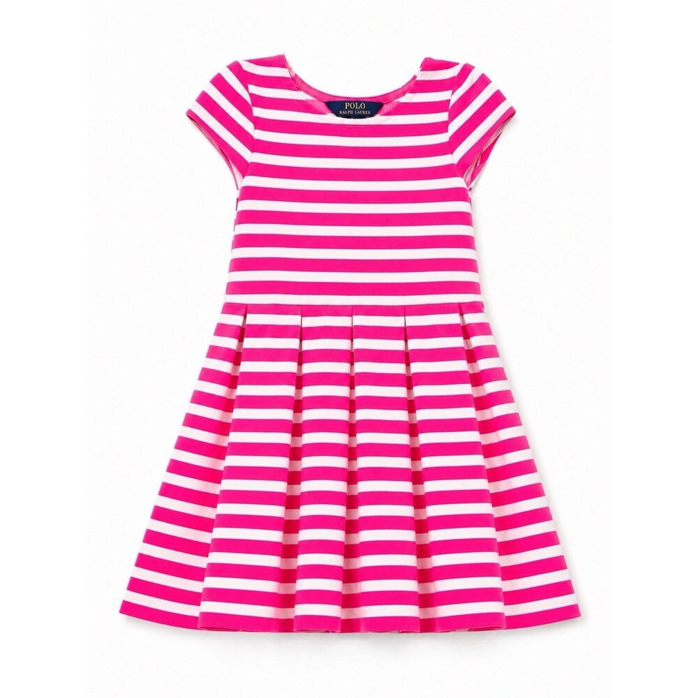 Polo Ralph Lauren Girls Pink White Striped Fit & Flare Dress Size 5 Short Sleeve